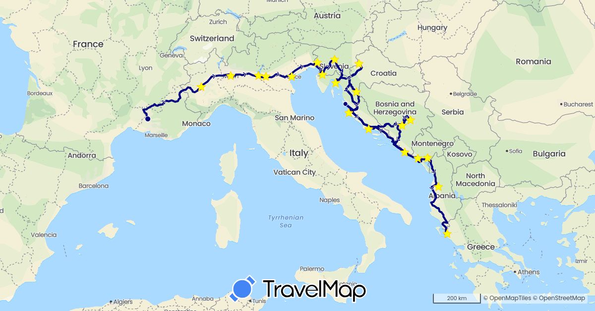 TravelMap itinerary: driving in Albania, Bosnia and Herzegovina, France, Greece, Croatia, Italy, Montenegro, Slovenia (Europe)
